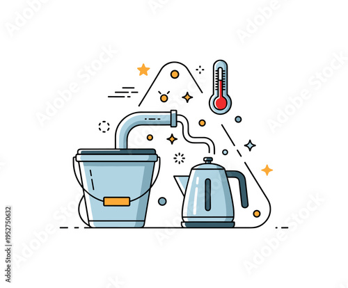 Home brewery setup layout illustrated by a fermentation bucket, kettle and thermometer arranged in a clean triangular composition, expressing organized