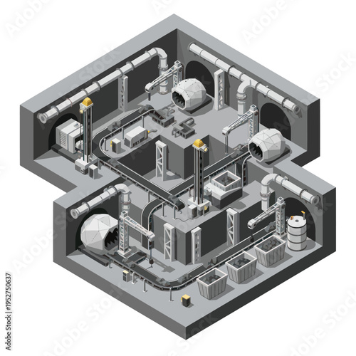 Isometric Industrial Interior Illustration with Machinery and Piping System.
