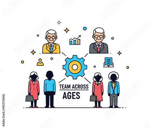 Intergenerational workforce theme featuring silhouettes of different age groups connected by a shared gear icon symbolizing collaboration. A compact ?Team