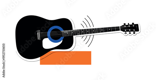 Black and white acoustic guitar placed diagonally across the composition, bright electric blue circle framing the sound hole, orange rectangular block beneath