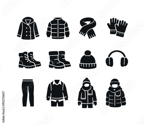 Winter Fashion. Solid icon set of Winter Fashion: winter coat, puffer jacket, wool scarf, knitted gloves, winter boots, snow boots, beanie hat, earmuffs,