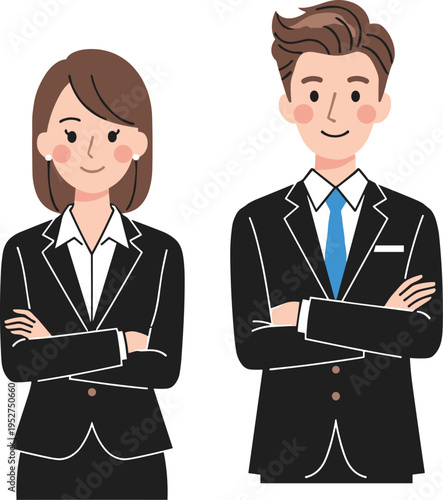 Vector illustration, professional business man and woman, arms crossed, confident standing, formal suit, office attire, corporate team, successful coworkers, colleagues,