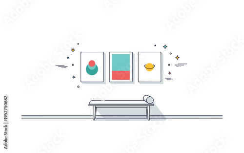 Minimalist gallery wall clean white wall featuring three evenly spaced art prints above a sleek bench, expressing calm balance and modern home aesthetics.