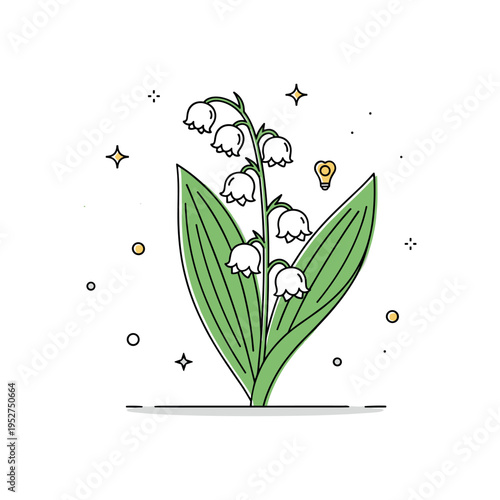 Lily of the valley with tiny dew sparkles and gentle decorative elements surrounding the plant, emphasizing freshness, elegance, and delicate natural beauty.