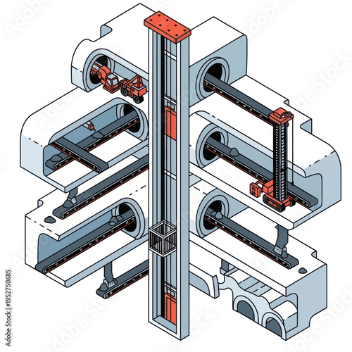 Complex Industrial Mechanism Illustration with Intricate Internal Components.