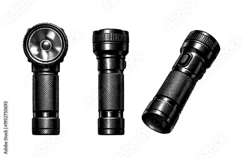 Emergency flashlight A durable handheld emergency flashlight with textured grip and reflective lens head, presented in front view, side profile view, and