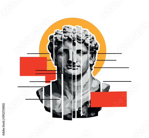 black and white classical statue bust fragmented into vertical slices, bright yellow circle and red abstract blocks overlapping, thin horizontal lines creating