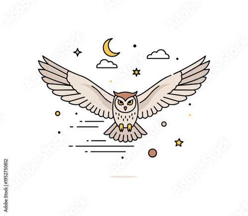 Owls in flight illustrated with wide outstretched wings and subtle motion lines beneath, expressing silent movement and nocturnal grace. A compact editorial