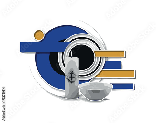 A monochrome baptismal candle beside a small bowl of water, bold geometric circles representing light and renewal, flat rectangular color accents creating