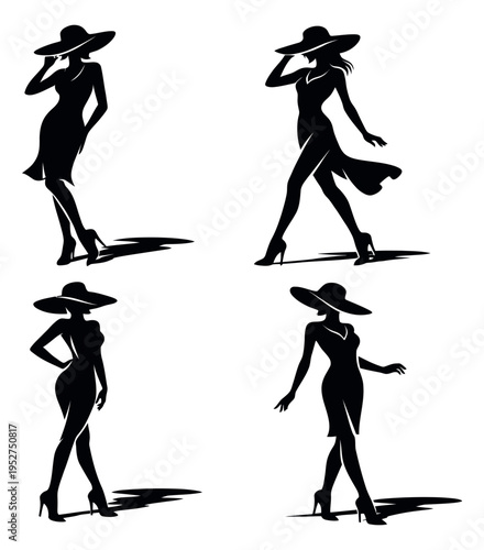Elegant women set featuring stylish silhouettes in hats and dresses for fashion and beauty designs