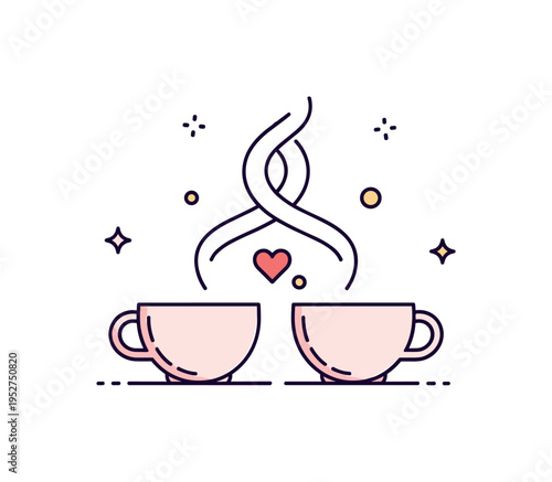 Tea and conversation during a friendly afternoon meetup depicted by two simple cups facing each other with gentle steam intertwining above them, representing