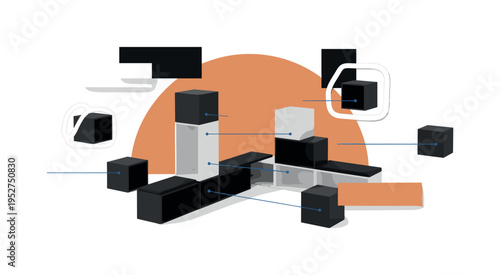 Black and white modular cube furniture rearranged into seating and shelving forms, large muted orange semicircle behind symbolizing flexibility, thin blue
