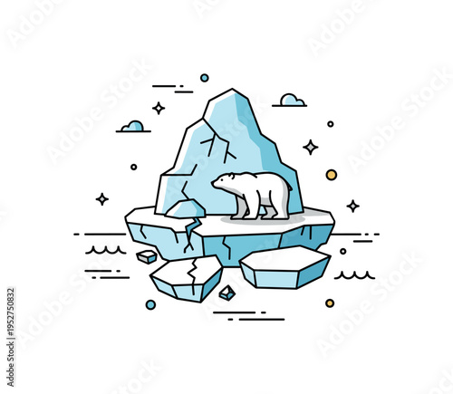 Arctic ice decline illustrated by a small polar bear silhouette standing on a fragmented ice floe, expressing habitat loss and ecosystem vulnerability. Subtle