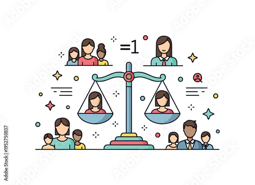 Social justice concept centered on balanced scales combined with diverse human silhouettes, expressing fairness, equality, and shared rights. The compact