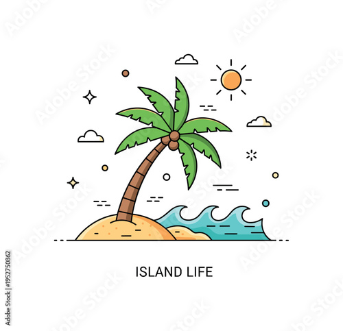Tropical paradise serene island escape illustrated by a single palm tree leaning over a small sandy shore with gentle turquoise waves and a bright sun above.