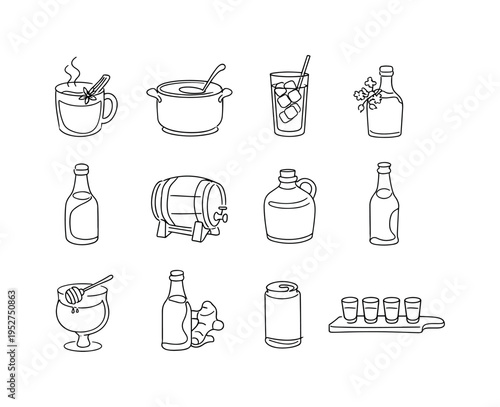 Seasonal and Craft Ciders. Minimalistic set one-line drawing autumn spiced cider mug, winter mulled cider pot, summer chilled cider glass with ice, spring