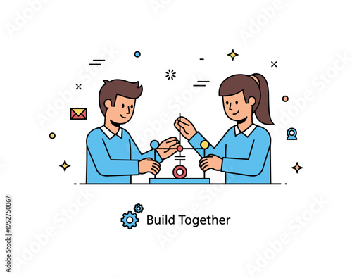 STEM project teamwork illustration with students assembling a simple model or experiment on a desk. Tiny gear icon and a short ?Build Together? caption