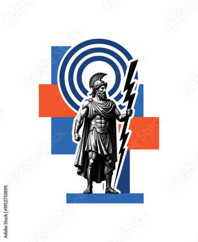 Black and white retro-style mythological figure holding a lightning bolt standing in a heroic pose, bold concentric circles behind the head like a divine halo,