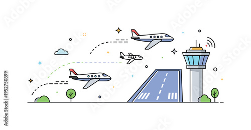 Runway traffic sequencing scene presenting two small airplanes aligned in orderly approach paths toward a runway while a minimal tower supervises nearby,