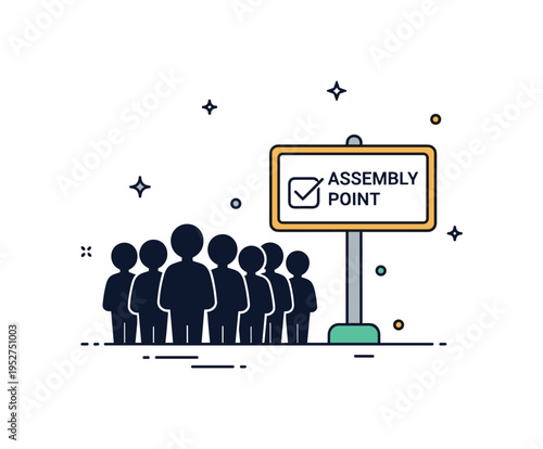 Assembly point gathering group of small silhouettes standing calmly near a sign marked Assembly Point with check mark icon. A modern visual metaphor for
