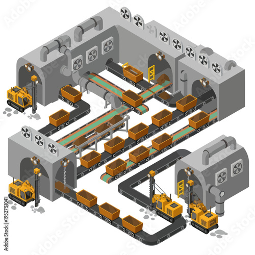Isometric Mining Operation with Conveyor Belts and Loaders.