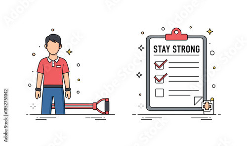 Home exercise routine guided by a resistance band and a checklist labeled Stay Strong, communicating discipline, consistency, and active participation in