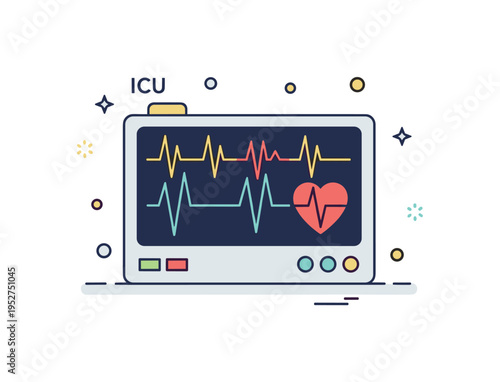 ICU monitoring equipment concept centered on a compact screen with multiple simplified signal lines and one highlighted heartbeat waveform, symbolizing