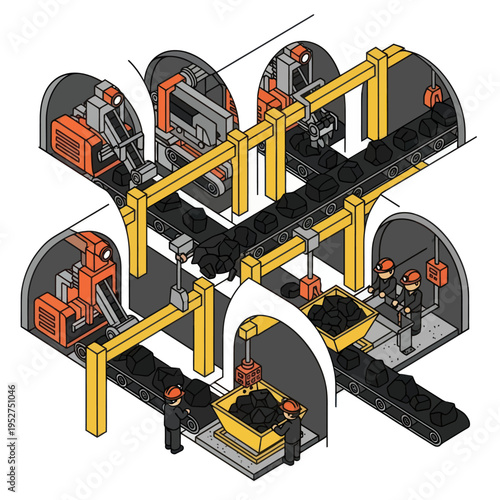 Isometric Illustration of a Coal Mining Operation with Conveyor Belts.