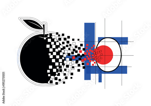Black and white fragmented fruit transforming from geometric blocks into organic shape on one side, vivid red circle marking focal transition point, thin