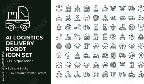 AI logistics delivery robot line icon set with autonomous shipping vehicles smart transport and warehouse automation symbols