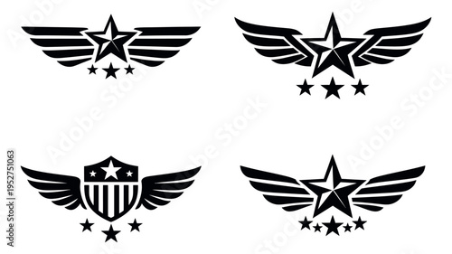 Stylized graphic emblem set featuring stars, wings, and shields for military and achievement designs