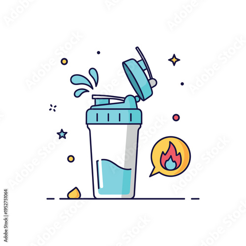 Pre workout preparation scene featuring an open shaker lid with gentle splash details and a small flame icon symbolizing energy boost. A bold yet minimal badge