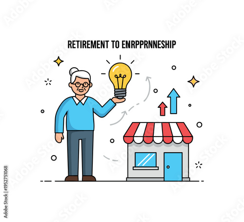Retirement to entrepreneurship transition illustrated with a mature figure presenting a lightbulb idea beside a small storefront icon, expressing innovation