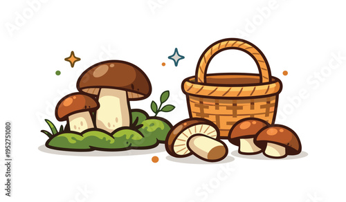 Wild porcini mushrooms emerging from mossy ground beside a small foraging basket and a few freshly picked caps. The scene reflects the excitement of spotting