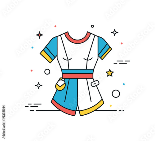Avant garde design influenced by abstract art theme showing a stylized garment form combined with geometric shapes and layered color blocks, expressing bold