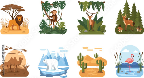 Collection of Animal Habitats Including Savannah Jungle Forest Desert Arctic and Wetland with Wildlife Scenes in Flat Cartoon Vector Illustration Style.