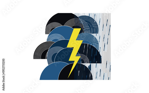 A monochrome abstract storm composition with a central lightning strike dividing the frame vertically, oversized semicircles on one side and structured linear