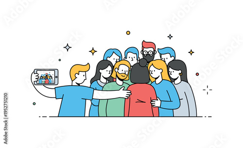 Group photo with smartphone showing a small circle of friends gathered tightly while the front character extends an arm to capture everyone in frame,