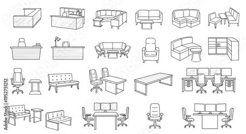Collection of various office furniture line drawings and icons including desks chairs sofas and tables in a minimalist style, Generative AI.
