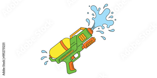 Colorful cartoon water gun shooting blue water on isolated white background