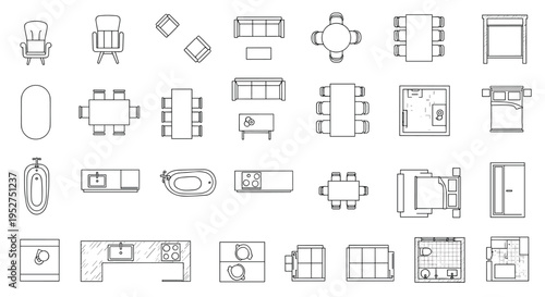 Collection of various furniture and architectural blueprint technical drawings, Generative AI.