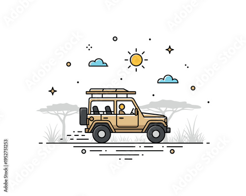Safari jeep driving across open savannah with subtle grass silhouettes and a small sun icon above, capturing adventure and wildlife exploration in a compact