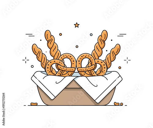 Golden brown pretzels arranged in cozy basket illustrated with symmetrical placement of twists and soft cloth lining, expressing inviting texture and homestyle