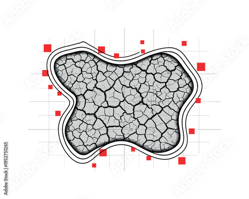Close-up monochrome cracked soil texture forming central abstract shape, surrounded by small red square accents and thin grid lines referencing data on