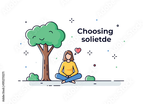 Choosing solitude figure sitting cross legged at the base of a tree with subtle heart icon above indicating peaceful choice. A modern illustration about