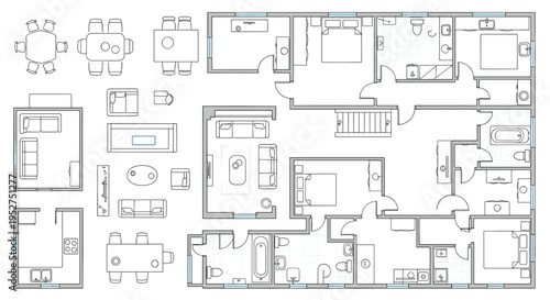Detailed architectural floor plan with various rooms and spaces for design and construction purposes, Generative AI.