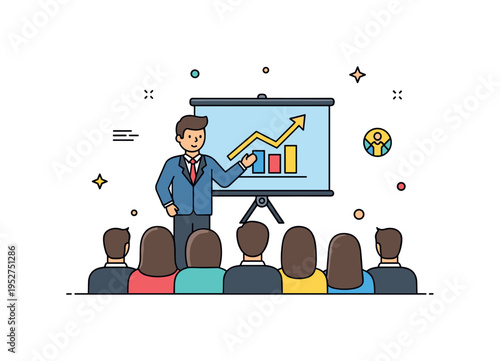 Corporate presentation skills business professional presenting a simple upward chart on a screen with focused audience silhouettes. A clean visual metaphor for