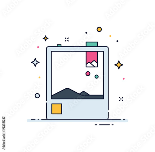 Instant photo development blank frame gradually filling with a simple landscape silhouette from bottom to top. A subtle visual metaphor of anticipation and