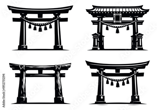 Graphic style torii gate set featuring distinct designs for Japanese culture and travel