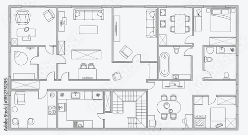 A detailed architectural floor plan with various rooms and spaces, Generative AI.